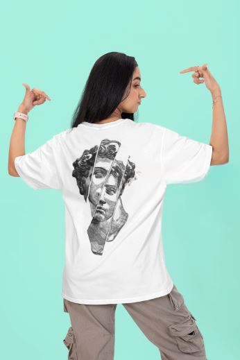 Woman wearing White Michaelangelo"s David T Shirt back