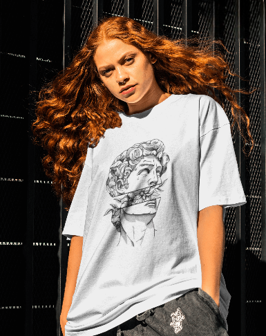 Woman Wearing a greek god T shirt front